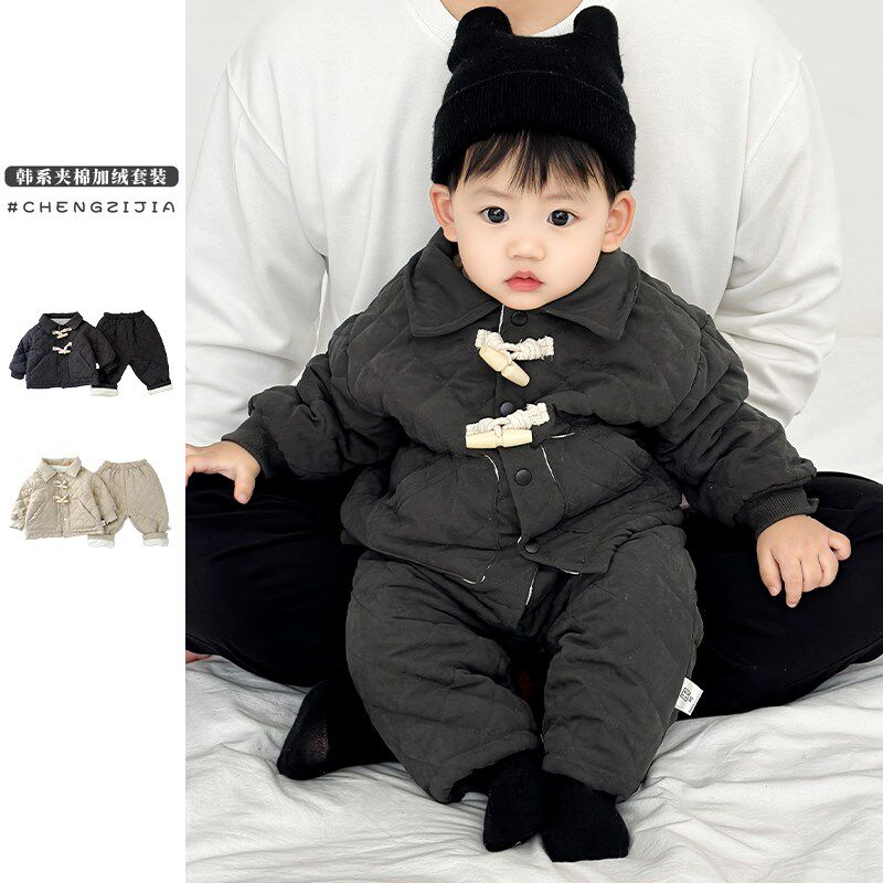 韩系男童冬装棉服套装女宝宝洋气加绒棉衣婴儿加厚保暖棉裤两件套