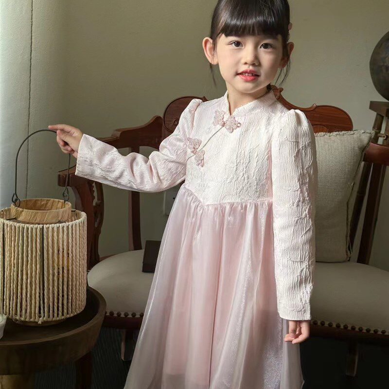 中国风长袖新中式旗袍裙公主裙礼服女童简约古装春秋款连衣裙长裙