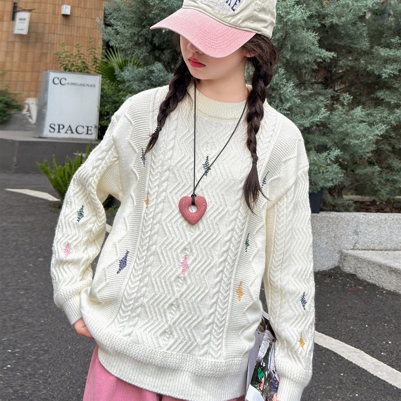 女童秋冬款毛衣2025新款中领女大童针织套头线衣女孩绣花儿童冬装