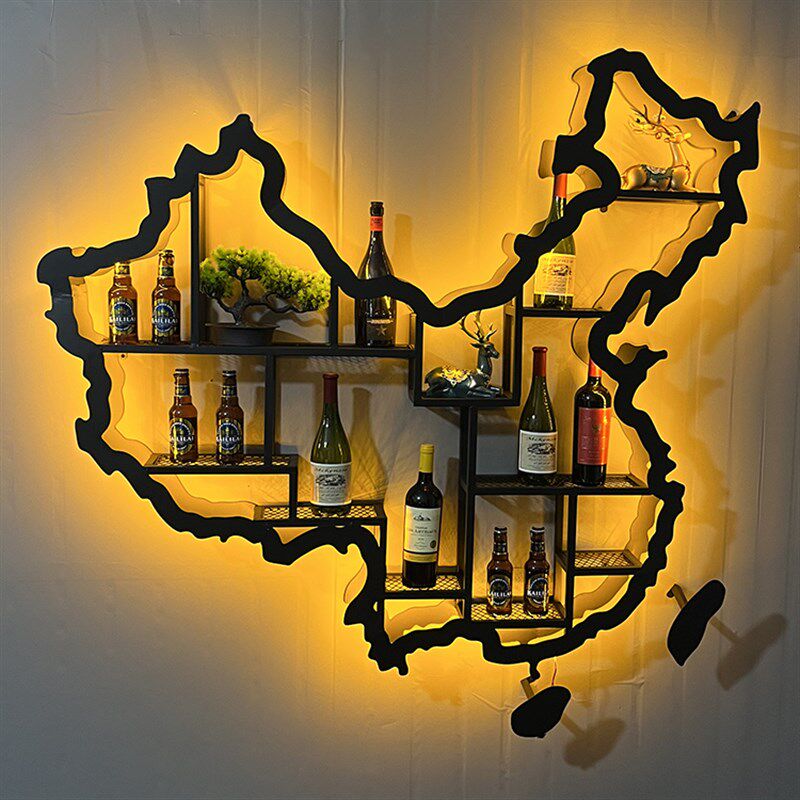 网红酒吧红酒柜墙上o壁挂书架铁艺发光中国地图展示酒架置物书架