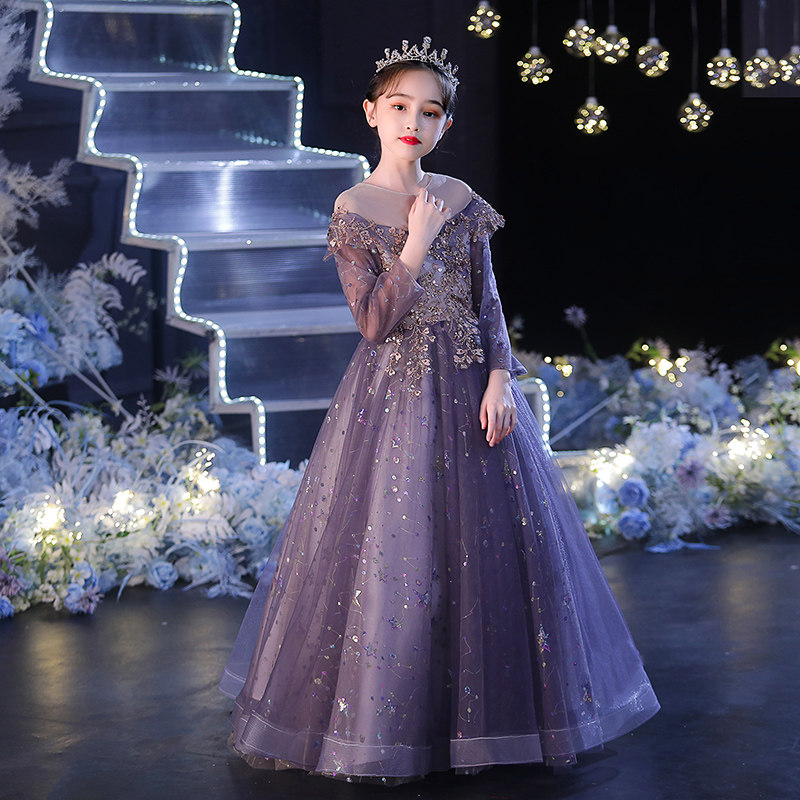 儿童礼服公主裙女童生日长袖小花童婚纱主持人钢琴演出服演奏秋冬