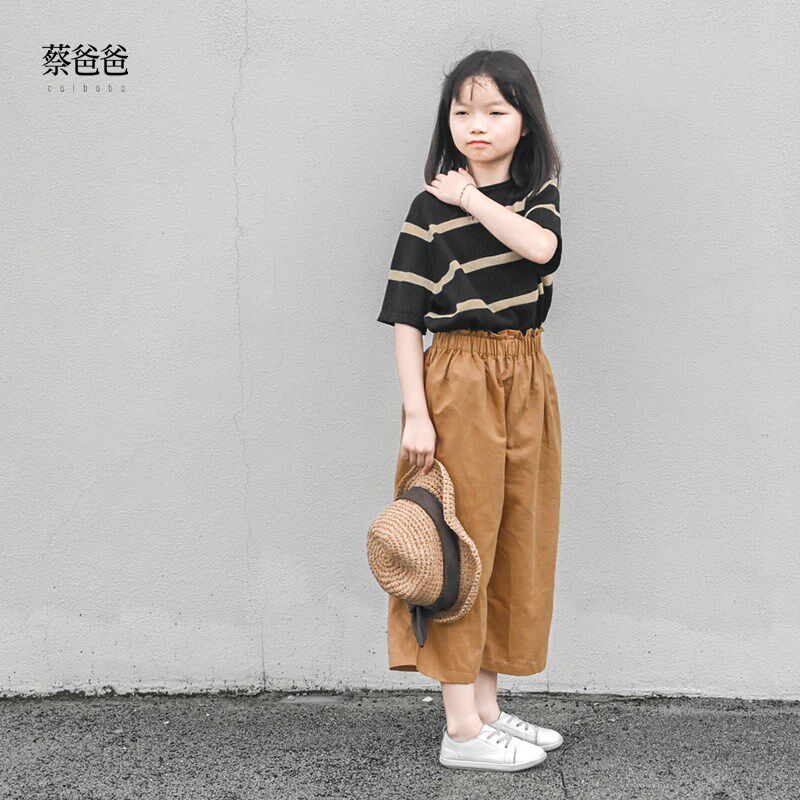 蔡爸爸童装女大童针织上衣新款夏装半袖黑色条纹棉麻衣服005+236