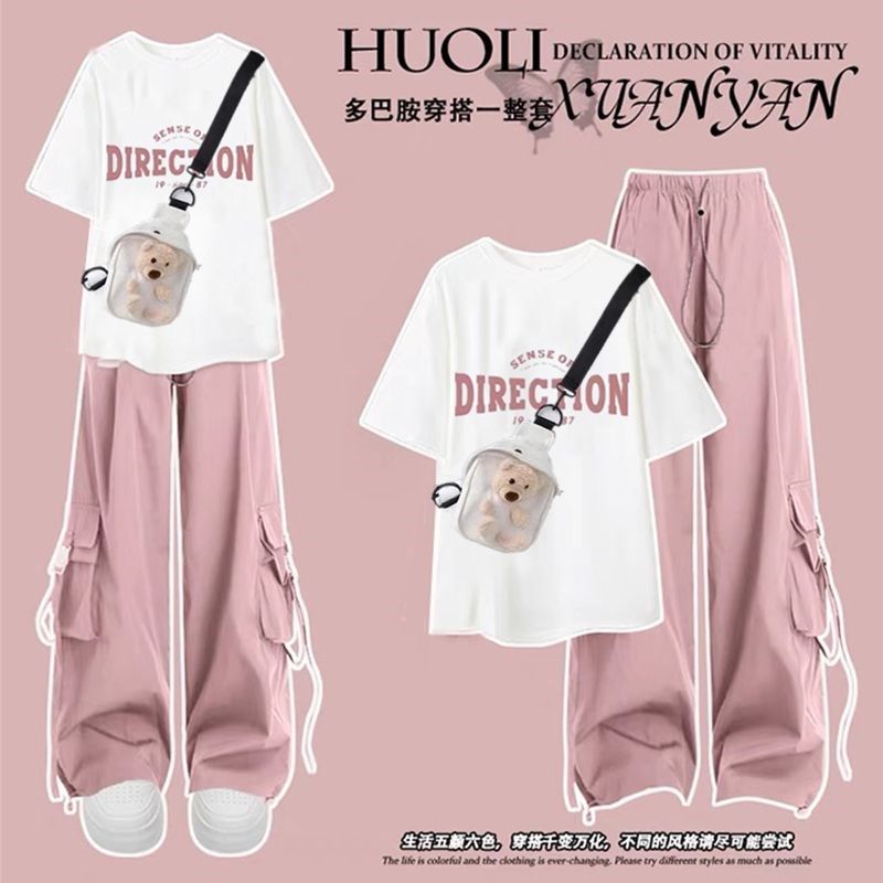 法国童装女大童夏季套装2024新款工装裤初中学生送包包少女孩炸街