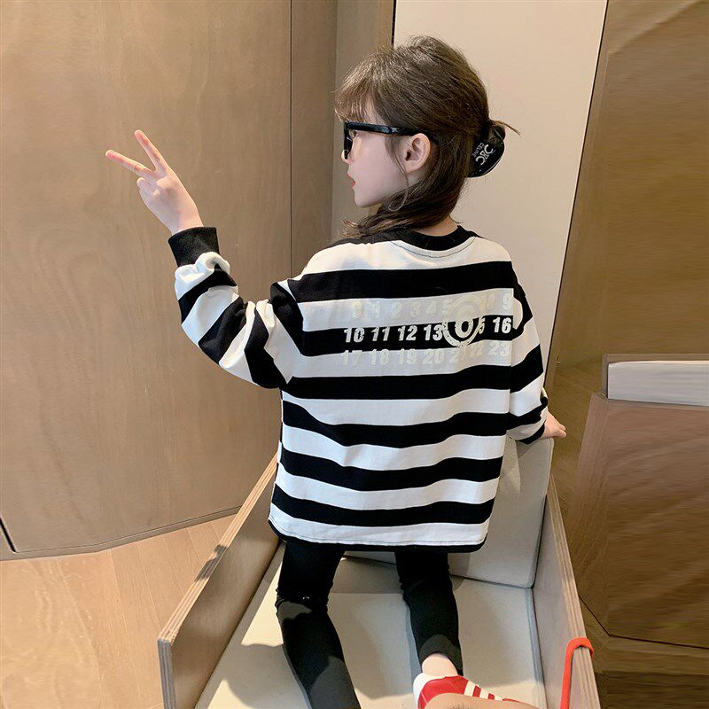 女童长袖T恤2024春装新款韩版宝宝洋气上衣儿童时髦条纹打底衫潮
