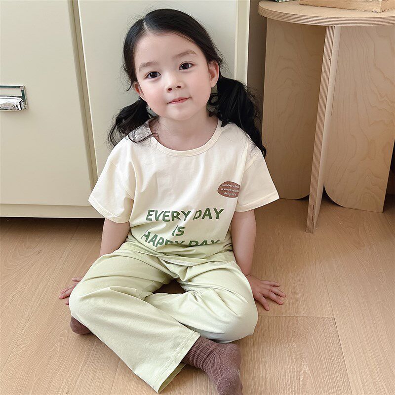 儿童睡衣纯棉薄款短袖长裤套装女童夏季A类家居服男孩宝宝空调服