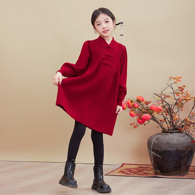 女童秋冬连衣裙2024新款春装拜年服韩版女大童针织毛衣裙子新年服