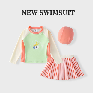 新款 儿童泳衣女孩长袖 分体高端洋气游泳衣中小童女孩速干防晒泳装