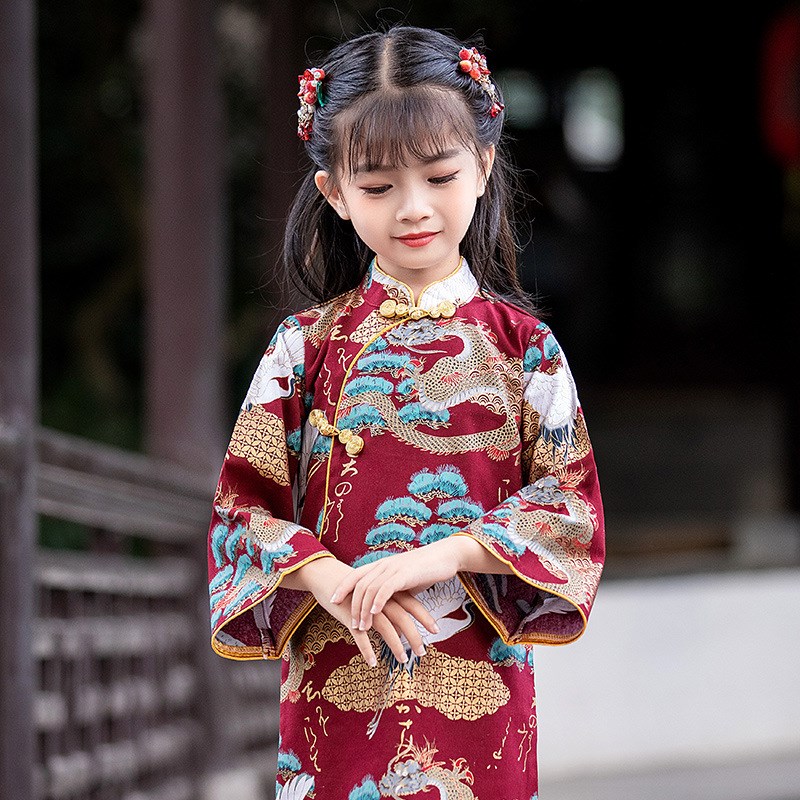 2022春秋季童装女童长袖中国风旗袍连衣裙唐装汉服表演仙女拜年裙
