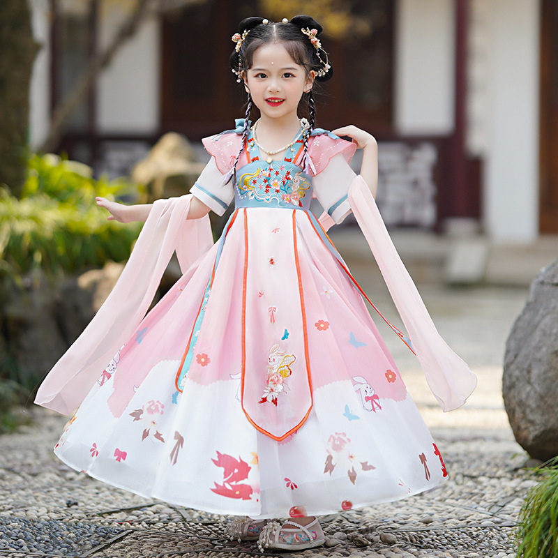 女童中国风唐装短袖连衣裙儿童古风舞台表演服超仙汉服襦裙宝宝