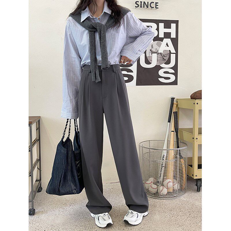 卡其色西装裤女春秋季新款高腰垂感显瘦拖地长裤休闲直筒阔腿裤子