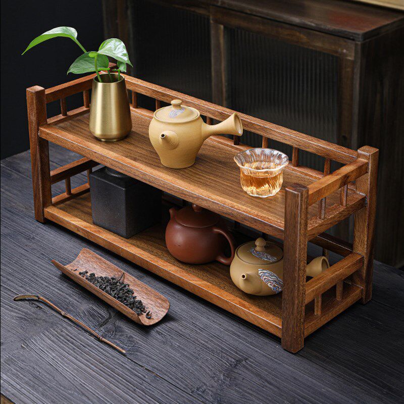 桌面收纳双层壶架l胡桃木置物架功夫茶具收纳架紫砂茶壶架小博古