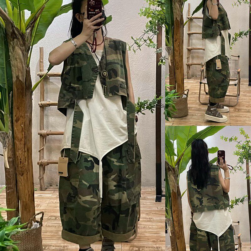 迷彩牛仔工装裤马甲两件套女春季新款宽松休闲九分阔腿裤个性套装