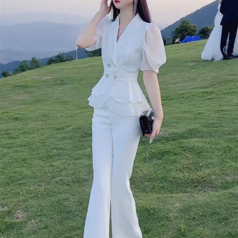高级感时尚两件套女2024夏季新款气质西服领裙摆收腰上衣阔腿裤女