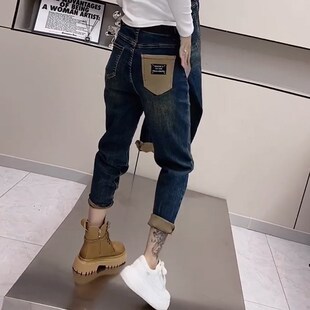女秋季 高腰显瘦老爹裤 九分哈伦裤 直筒裤 独特时尚 复古蓝弹力牛仔裤