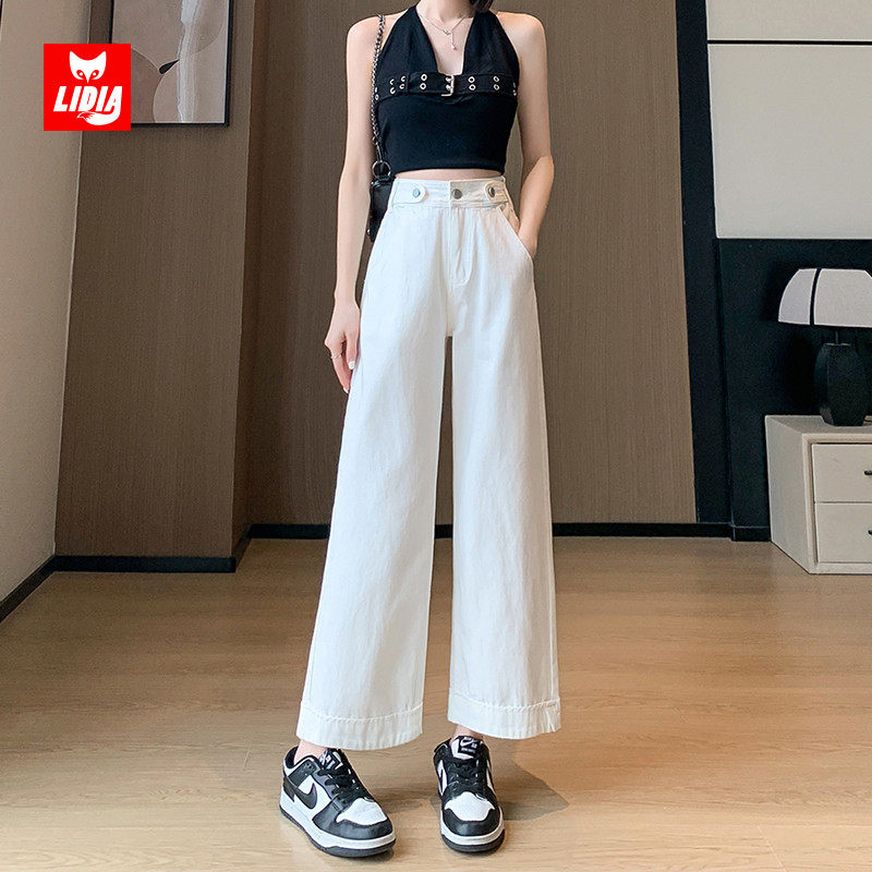 白色阔腿裤直筒牛仔裤女夏季薄款2024新款高腰宽松小个子九分裤子
