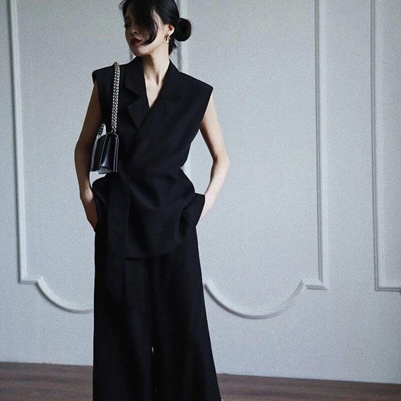 夏季白色无袖系带阔腿裤西装套装女高级感时尚气质修身两件套新款