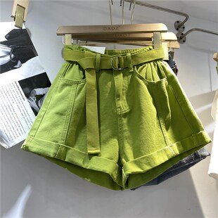 百搭显瘦a子热裤 欧货高腰卷边阔腿短裤 2024夏新品 果绿色薄休闲裤