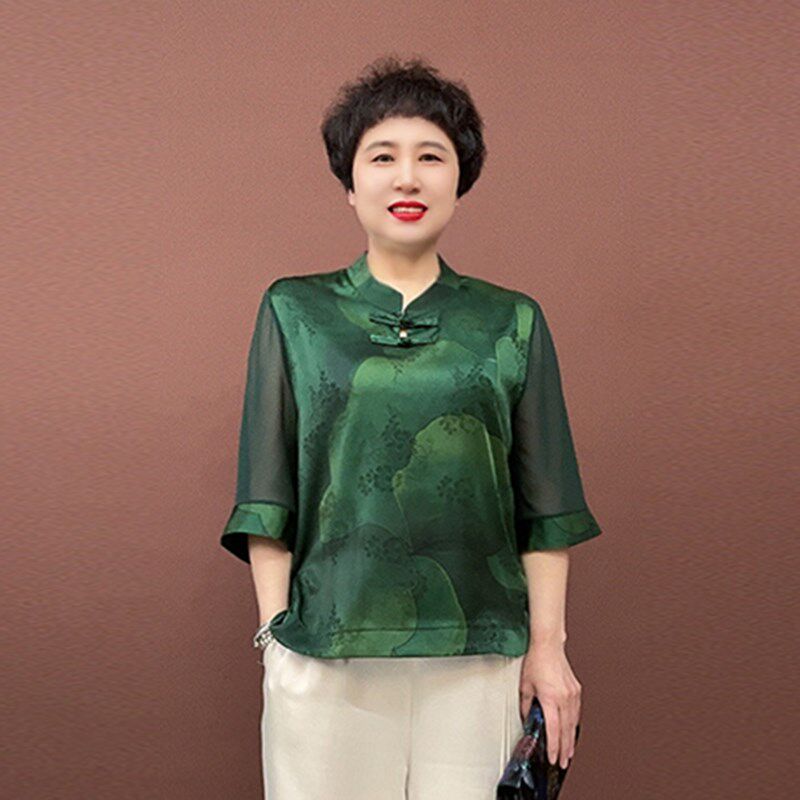 妈妈双盘扣真丝旗袍上衣夏季新款七分袖大码国风小衫裤子两件套女