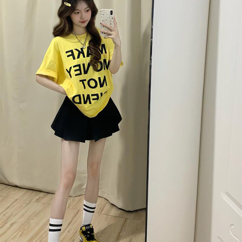 休闲运动服套装女夏季纯棉短袖T恤短裙少女减龄学院风OOTD两件套