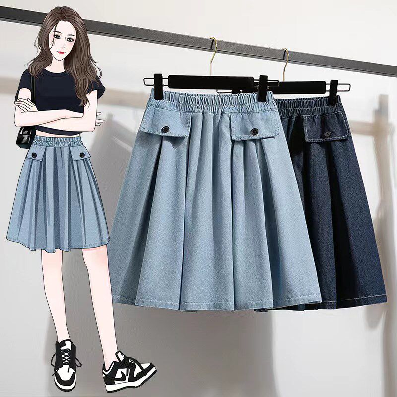 加肥加大码防走光A字半身裙女夏胖mm200斤高腰显瘦百搭牛仔短裙裤