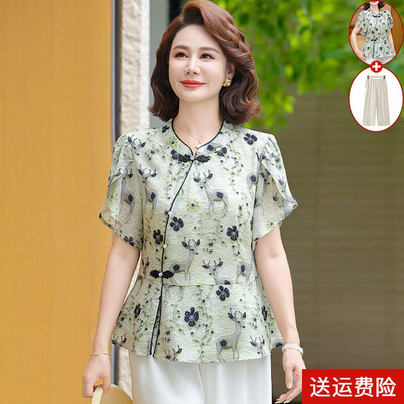 妈妈端庄大气套装夏装雪纺小衫中老年女装夏季新中式国风短袖上衣