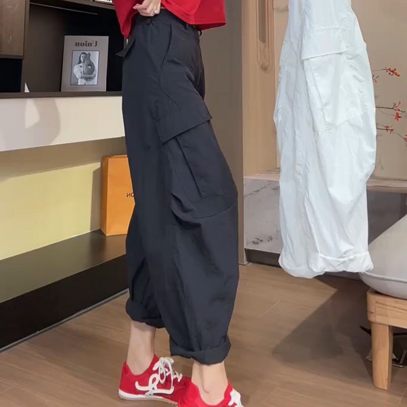 大码松紧腰速干工装裤女2025夏季薄款胖mm宽松显瘦百搭休闲弯刀裤