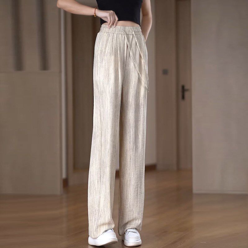 窄版阔腿裤女夏季薄款2025新款高腰显瘦松紧垂感冰丝直筒休闲裤子