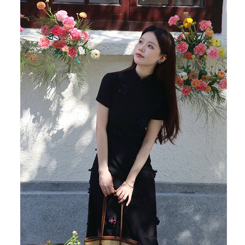 远山黛新中式黑色日常旗袍女2025新款夏季气质改良优雅文艺小个子