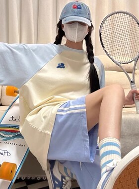 可爱甜妹韩系运动套装女夏宽松跑步短袖短裤休闲两件套学生学院风