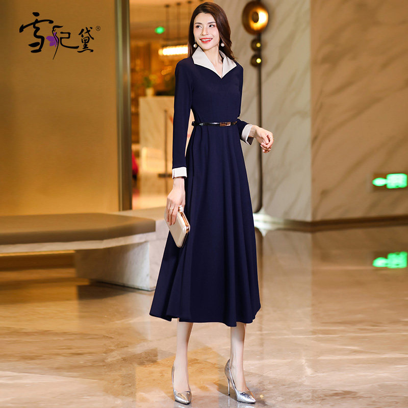 春秋藏蓝色长袖西装连衣裙女中长款2024新款正式场合职业翻领裙子