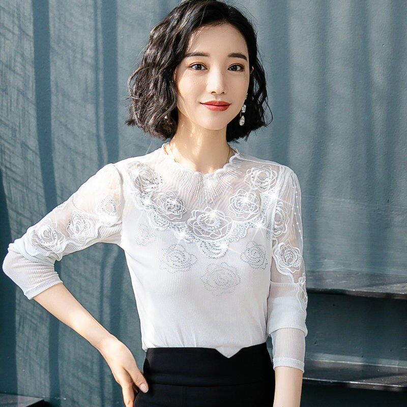 秋装新款立领蕾丝网纱打底衫女士内搭长袖百搭薄款上衣短款T恤潮