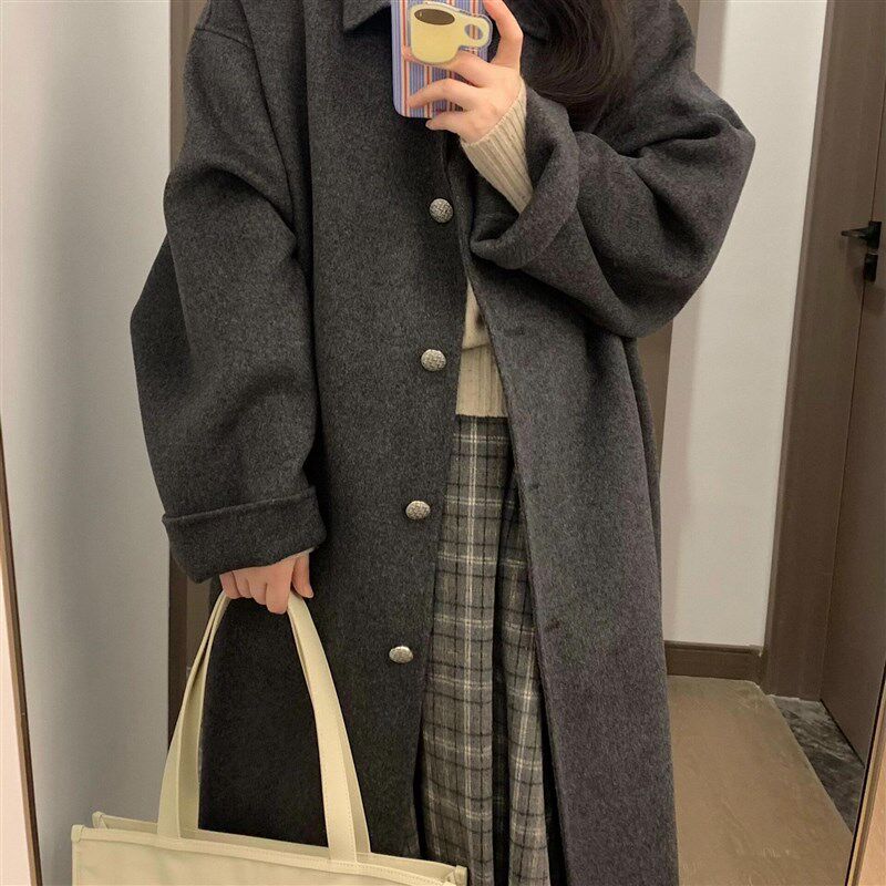 黑灰色双面羊绒大衣女中长款2024秋冬新款韩版宽松过膝羊毛呢外套