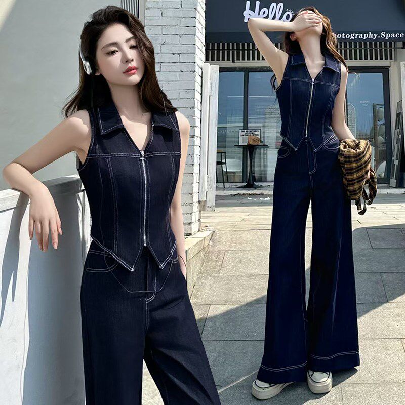 时尚牛仔套装女2025夏季新款洋气短款马甲阔腿裤休闲复古薄两件套