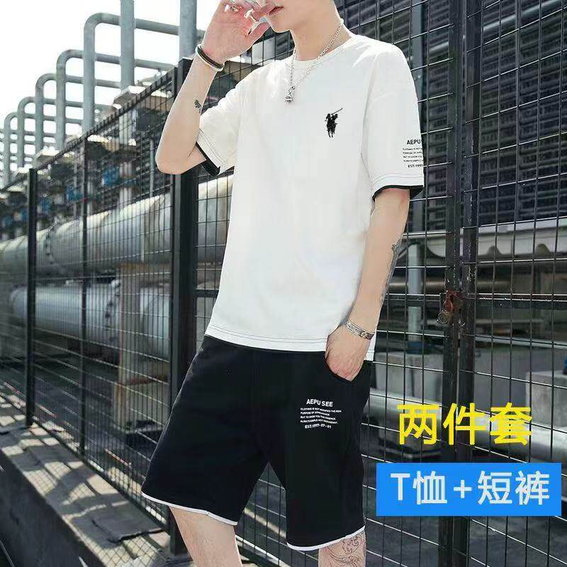 保罗夏季新款男士运动套装圆领短袖T恤短裤三条杠健身服休闲套装