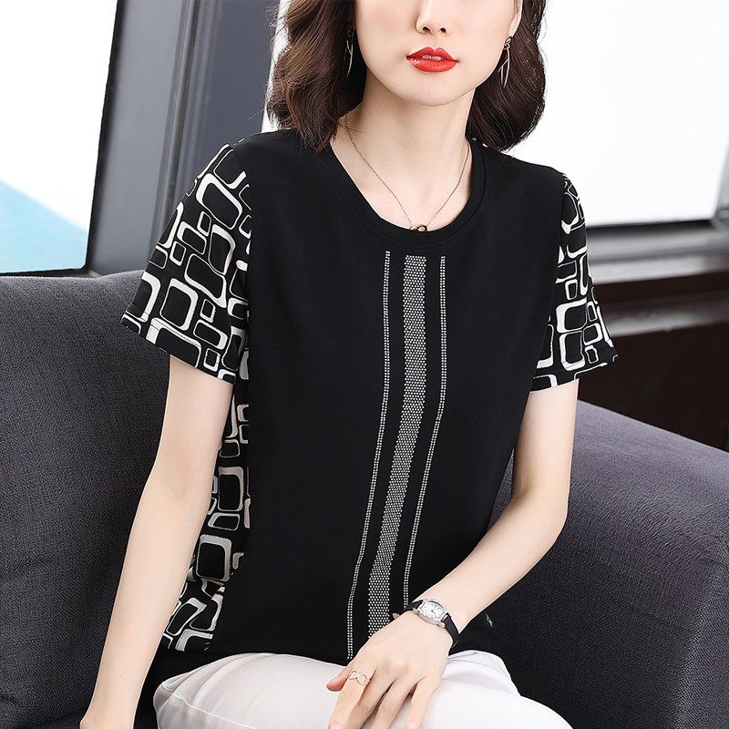 妈妈纯棉短袖T恤女2024夏装新款中老年宽松大码上衣洋气雪纺小衫