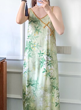 清冷感睡裙女夏高级感年轻款竹枝词长款人造棉绿色气质棉绸裙睡衣