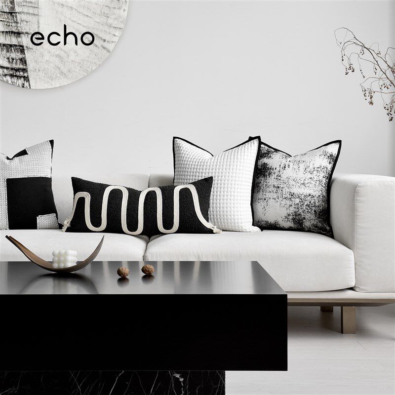 样板房侘寂风黑白棉麻抱枕组合新中式沙发客厅长条腰枕方形靠垫套