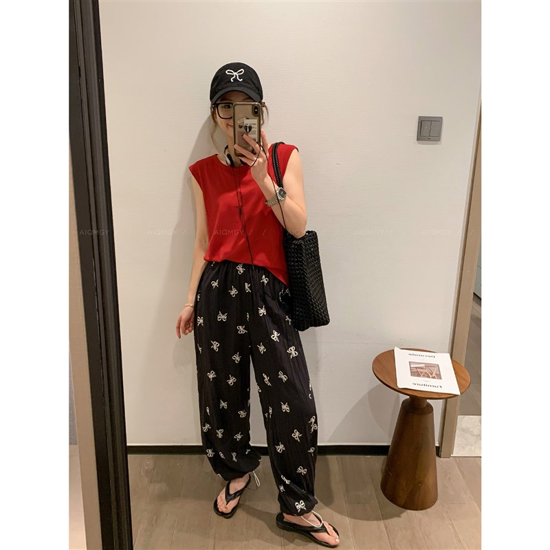 爱情魔鬼鱼 红色圆领无袖T恤女2025夏季新款宽松休闲显瘦时尚上衣