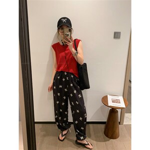 爱情魔鬼鱼 红色圆领无袖T恤女2025夏季新款宽松休闲显瘦时尚上衣