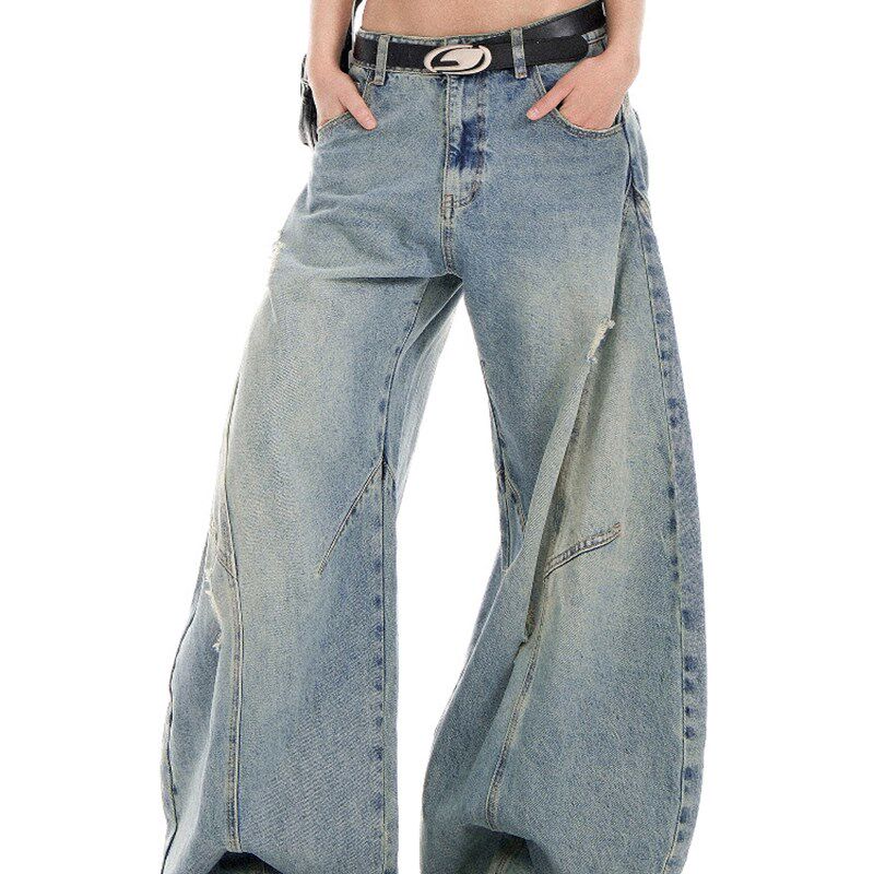温姗美式水洗拼接破洞低腰阔腿裤女春宽松显瘦百搭垂感弯刀牛仔裤