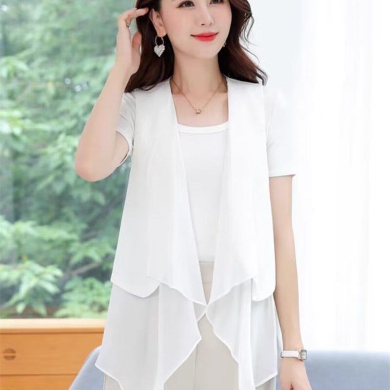 雪纺马甲女中长款韩版显瘦外搭洋气大码坎肩夏季薄款开衫马夹背心
