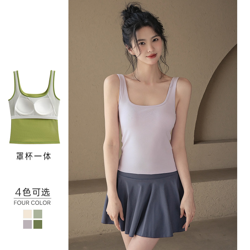 方领吊带背心女夏季美背显瘦薄款外穿内搭带胸垫一体白色打底上衣