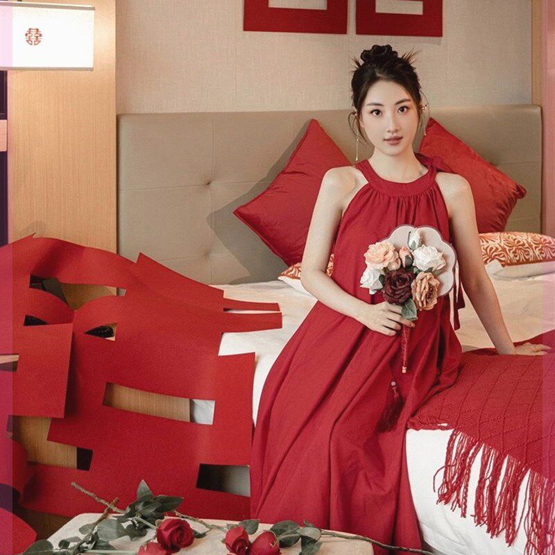 新娘晨拍礼服小众轻婚纱晨袍俏皮可爱红色结婚高级感新中式日常穿