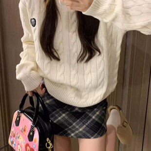 圆领套头麻花毛衣女秋冬宽松慵懒风刺绣针织外套软糯显瘦百搭上衣