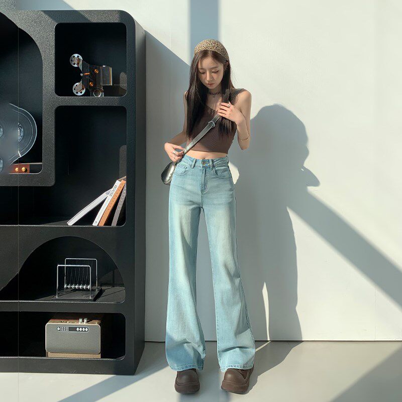 2025春夏浅蓝色直筒牛仔裤女高腰宽松显瘦小个子垂感阔腿拖地裤子