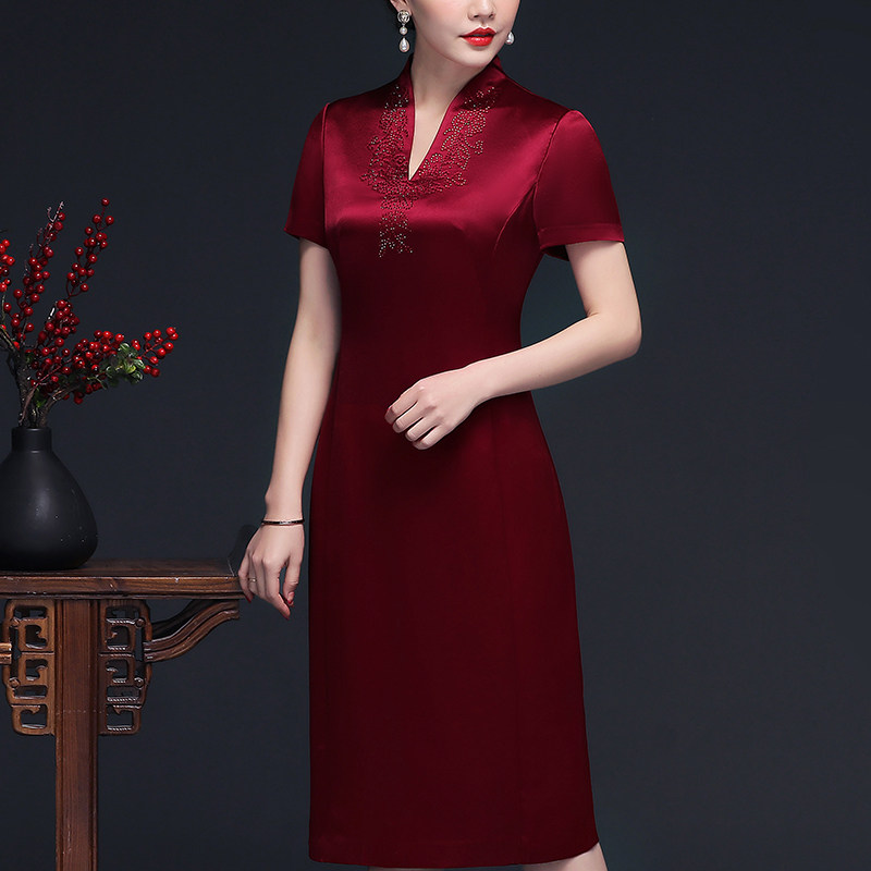 婚宴妈妈装酒红中长款旗袍连衣裙短袖V领喜婆婆高贵婚礼服春夏季