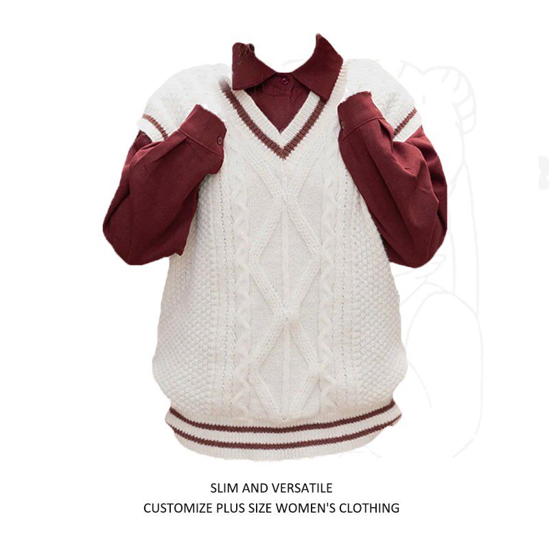 胖MM大码学院风日系叠穿马甲背心女新款秋冬季v领针织毛衣马夹