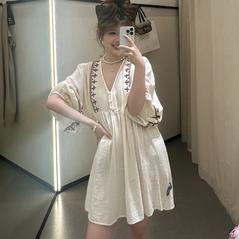 2024新品春夏 ZA女装复古民族风宽松撞色拼接刺绣短连衣裙5770042