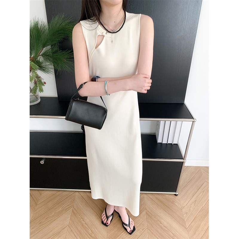 素雅新中式/盘扣无袖连衣裙夏季高腰针织裙高品质背心裙过膝长裙