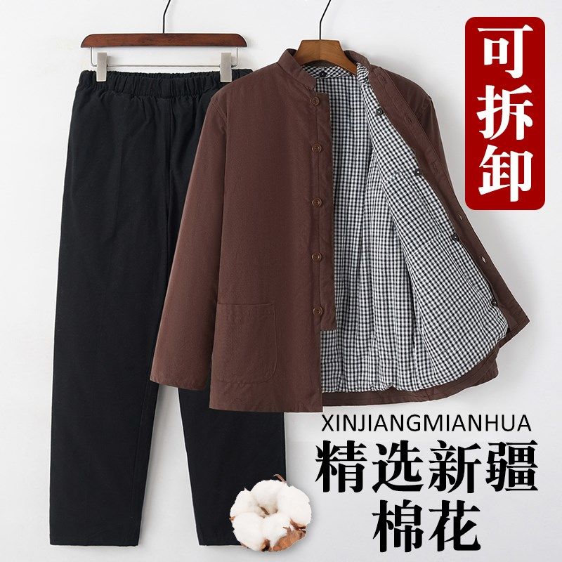 老式手工棉花棉袄棉裤套装u加厚中老年棉衣男中式棉服男款冬季爸